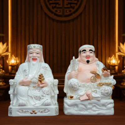 Bộ Tượng Thần Tài - Thổ Địa Sứ Trắng Viền Vàng, Nhiều Kích Thước