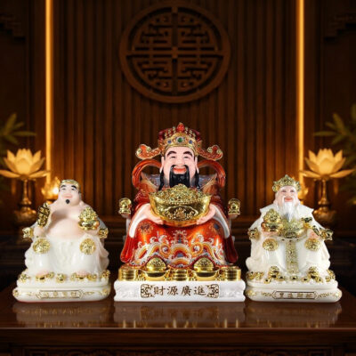 Bộ Ba Ngài Thần Tiền Bột Đá Áo Đỏ, Thần Tài – Thổ Địa Bột Đá Trắng, Nhiều Kích Thước