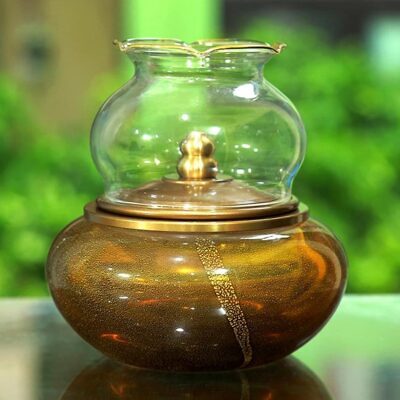 Đèn Dầu Đồng Lưu Ly Kim Ngọc Màu Hổ Phách, Cao 13.5cm, 15.5cm