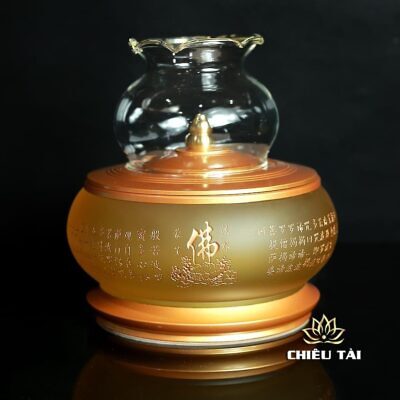 Alternative view of Đèn Dầu Lưu Ly Tâm Kinh Chìm Đế Đồng Vàng