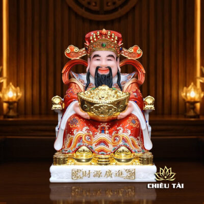 Alternative view of Bộ Tam Tượng Tài - Địa - Như Ý "Tài Nguyên Quảng Tiến" Ngồi Tự Tại Bột Đá Áo Đỏ, Nhiều Kích Thước