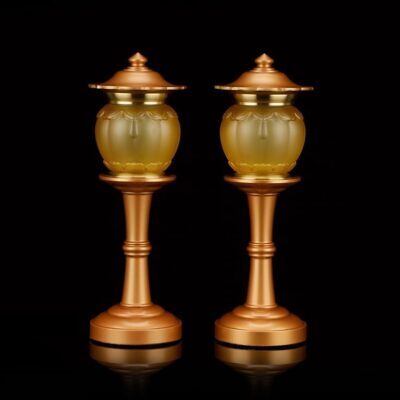 Đôi Đèn Ban Thờ Thần Tài "Lưu Ly Nắp Ô", Thân Đồng, Nhiều Kích Cỡ