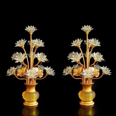 Đôi Đèn Ban Thờ Thần Tài "Hoa Sen Pha Lê", 13 Bông, Cao 70cm