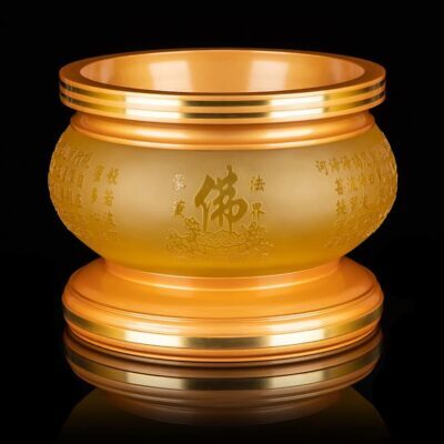 Bát Hương Thần Tài Tâm Kinh Khắc Chìm Hoa sen Chữ Phật Vàng, Đường Kính 25cm