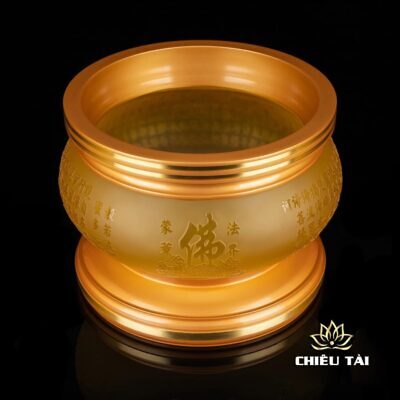 Alternative view of Bát Hương Thần Tài Tâm Kinh Khắc Chìm Hoa sen Chữ Phật Vàng, Đường Kính 25cm