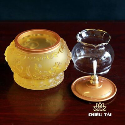 Alternative view of Đèn Dầu Lưu Ly Vàng Hoa Sen Nổi Không Đế, Cao 16cm