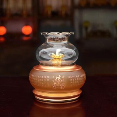 Đèn Dầu Lưu Ly Vàng Tâm Kinh Khắc Chìm (Mẫu Mới)