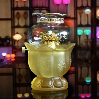 Đèn Dầu Lưu Ly Vàng Trạm Nổi 8 Cát Tường