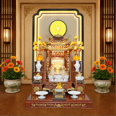 Bộ Ban Thờ Thần Tài Thổ Địa Sứ Trắng Viền Vàng, "Thiên Đức" Dát Vàng, KT 97*97*125cm