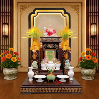 Bộ Ban Thờ Thần Tài Thổ Địa Sứ Trắng Viền Vàng, "Tài Vượng" Dát Vàng, KT 87*87*78 cm