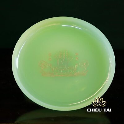 Alternative view of Đĩa Thờ (Mâm Bồng) Lưu Ly Ngọc Xanh Khắc Chữ Phật Bọc Đồng Vàng Cao Cấp, ĐK 22cm
