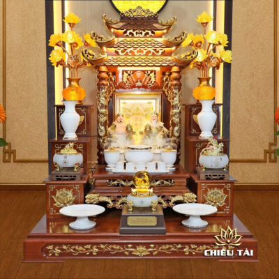 Alternative view of Bộ Ban Thờ Thần Tài Thổ Địa Sứ Trắng Viền Vàng, "Thiên Đức" Dát Vàng, KT 97*97*125cm