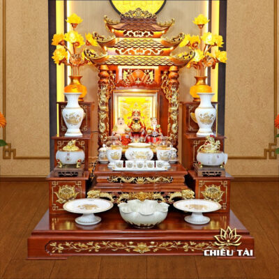 Alternative view of Bộ Ban Thờ Thần Tài Thổ Địa Sứ Trắng Sen Vàng, "Thiên Đức" Dát Vàng, KT 97*97*125cm