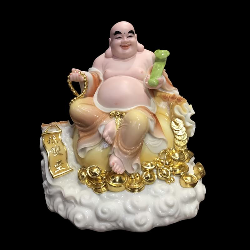 Tượng Đức Di Lặc Ngồi Đồng Tiền, Bột Đá Màu Cẩm Thạch Da Hồng, Cao 48cm