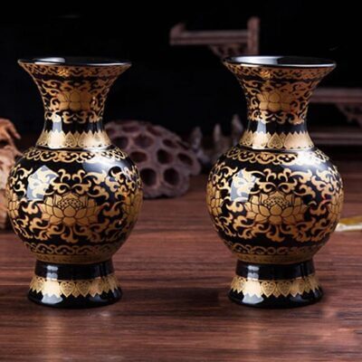 Lọ Hoa Thần Tài Gốm Đen Hoa Sen Vàng, Nhiều Kích Cỡ