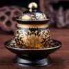 Ly Nước Thờ Gốm Màu Đen Hoa Sen Vàng, Nhiều Kích Cỡ