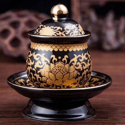 Ly Nước Thờ Gốm Màu Đen Hoa Sen Vàng, Nhiều Kích Cỡ