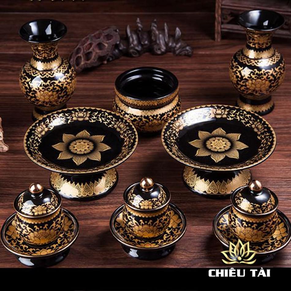Ly Nước Thờ Gốm Màu Đen Hoa Sen Vàng, Nhiều Kích Cỡ - Ảnh 3