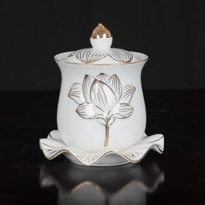 Ly Nước Thờ Bằng Gốm Trắng Hoa Sen Viền Vàng, Nhiều Kích Cỡ
