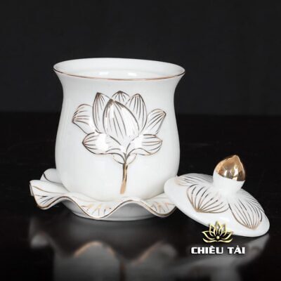 Alternative view of Ly Nước Thờ Bằng Gốm Trắng Hoa Sen Viền Vàng, Nhiều Kích Cỡ