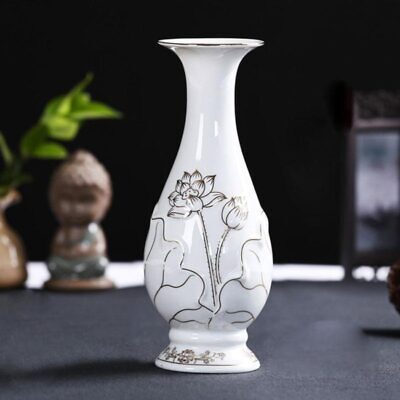 Lọ Hoa Thần Tài Thờ Cúng Gốm Trắng Hoa Sen Viền Vàng Dáng Thon, Cao 25cm | 30cm