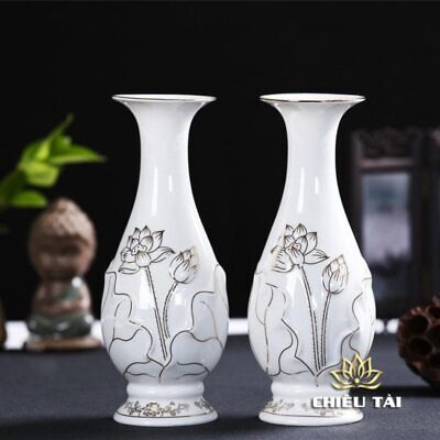 Alternative view of Lọ Hoa Thần Tài Thờ Cúng Gốm Trắng Hoa Sen Viền Vàng Dáng Thon, Cao 25cm | 30cm