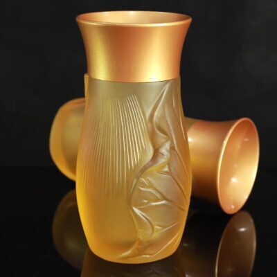 Lọ Hoa Thần Tài Thờ Cúng Lưu Ly Lá Sen Miệng Đồng Vàng, Cao 20cm