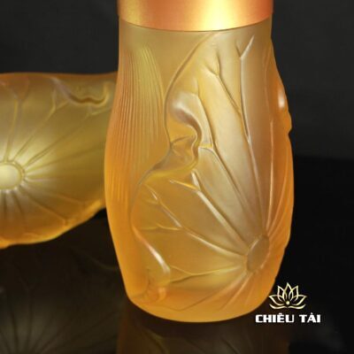 Alternative view of Lọ Hoa Thần Tài Thờ Cúng Lưu Ly Lá Sen Miệng Đồng Vàng, Cao 20cm