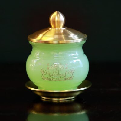 Chén Nước Thờ Lưu Ly Xanh Ngọc Khắc Chữ Phật Bọc Đồng Vàng Cao Cấp, KT 6.8*8.5cm