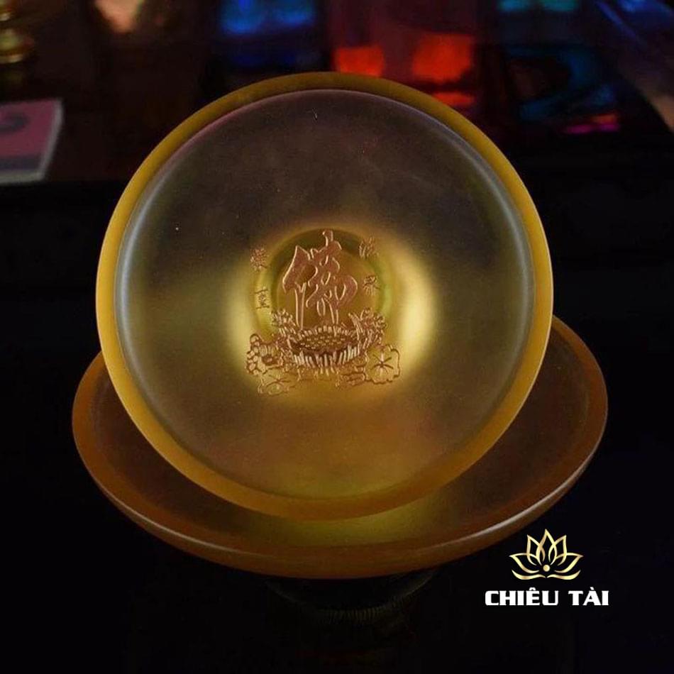 Đĩa Thờ (Mâm Bồng) Lưu Ly Vàng Khắc Chữ Phật Bọc Đồng Cao Cấp, Nhiều Kích Thước - Ảnh 2