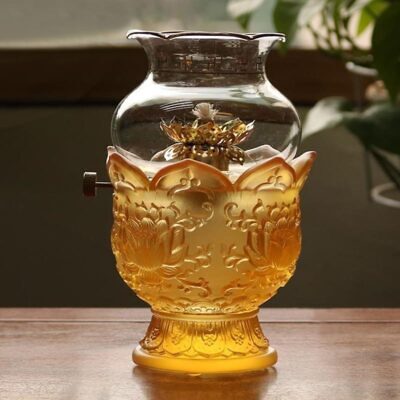 Đèn Dầu Thần Tài Lưu Ly Màu Vàng, Cao 16cm