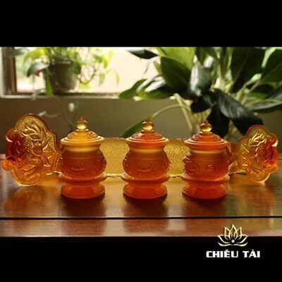 Alternative view of Bộ 3 Chén Nước Lưu Ly Mầu Vàng Cao 9cm, Đế Như Ý