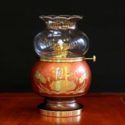 Đèn Dầu Thần Tài Hoa Sen Chữ Phật Bằng Đồng Màu Đỏ, Cao 16.5cm | 20cm