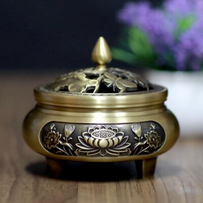 Lư Xông Trầm Thần Tài Bằng Đồng, Chân Cao, Khắc Hoa Sen