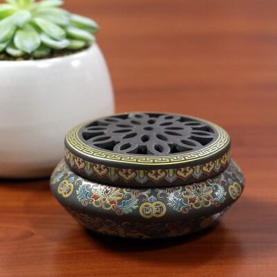 Lư Xông Trầm Thần Tài Hoa Văn Bằng Sứ, Nắp Gang, Đường Kính 8cm