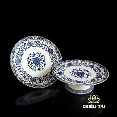 Alternative view of Đĩa Thờ (Mâm Bồng) Sứ Trắng Hoa Sen Xanh, Nhiều Kích Cỡ