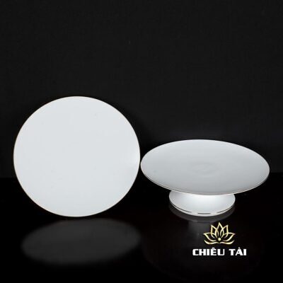 Alternative view of Đĩa Thờ (Mâm Bồng) Sứ Trắng Viền Vàng, Nhiều Kích Thước
