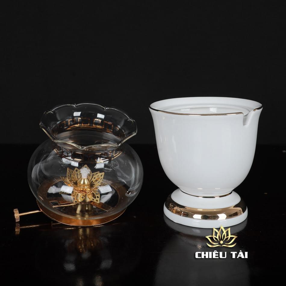 Đèn Dầu Sứ Trắng Viền Vàng, Nhiều Size - Ảnh 2