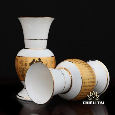 Alternative view of Lọ Hoa Thần Tài Sứ Trắng Tâm Kinh Vàng, Nhiều Kích Thước
