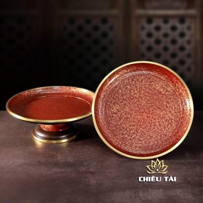 Alternative view of Đĩa Thờ (Mâm Bồng) Đồng Vàng Vân Đá Nâu Đỏ Cao Cấp, Nhiều Kích Thước