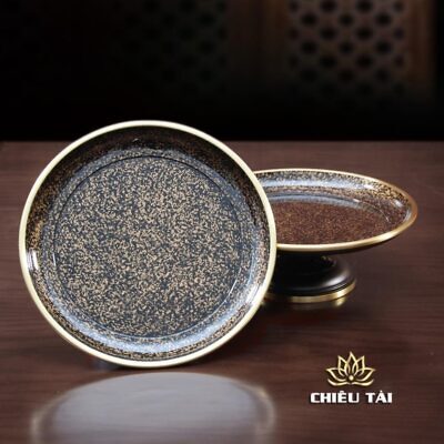 Alternative view of Đĩa Thờ (Mâm Bồng) Đồng Vàng Vân Đá Đen Cao Cấp, Nhiều Kích Thước