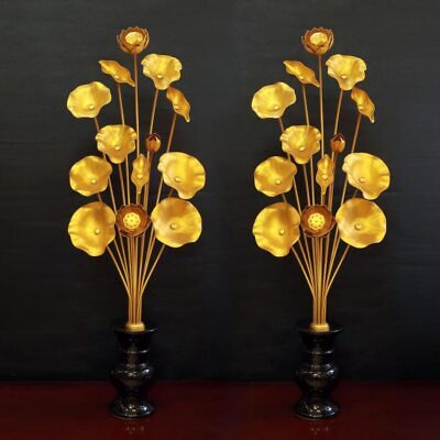 Đôi Lọ Hoa Sen Thần Tài 13 Bông, Chất Liệu Nhôm Mạ Vàng, Cao 128cm
