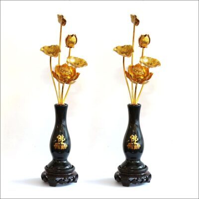 Đôi Bình Hoa Thần Tài Sen Nhôm 5 Bông, Cao 31cm