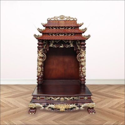 Bàn Thờ Tài - Địa Song Long Cổ Tự 12 Mái, Gỗ Hương Màu Óc Chó, LED Viền Mái, Dát Vàng, KT 81*93*138cm