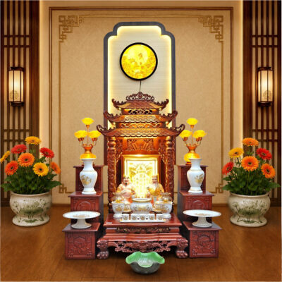 Bộ Ban Thờ Thần Tài Thổ Địa Sứ Trắng Sen Vàng "Thiên Đức", KT 97*97*112 cm
