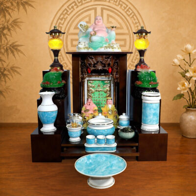Bộ Ban Thờ Thần Tài Thổ Địa Mái Bằng Chân Trơn, Gỗ Phủ Màu Óc Chó, KT 81*81*71cm