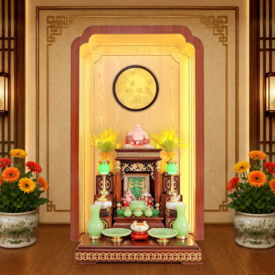 Bộ Ban Thờ Thần Tài Thổ Địa Lưu Ly Ngọc Xanh, "Tài Vượng" Dát Vàng, KT 87*87*78cm