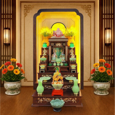 Bộ Ban Thờ Thần Tài Thổ Địa Mái Bằng Tam Cấp Dát Vàng, Lưu Ly Ngọc Xanh, KT 89*114*118cm