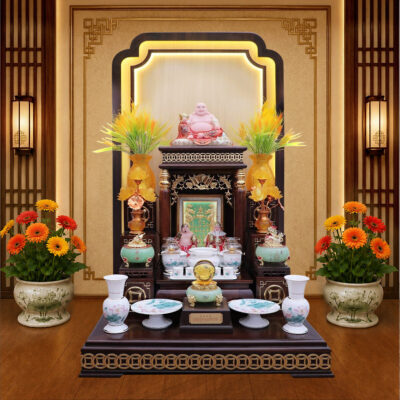 Bộ Ban Thờ Thần Tài Thổ Địa Sen Hồng Lá Xanh, "Tài Vượng" Dát Vàng, KT 87*87*78cm