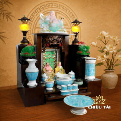 Alternative view of Bộ Ban Thờ Thần Tài Thổ Địa Mái Bằng Chân Trơn, Gỗ Phủ Màu Óc Chó, KT 81*81*71cm